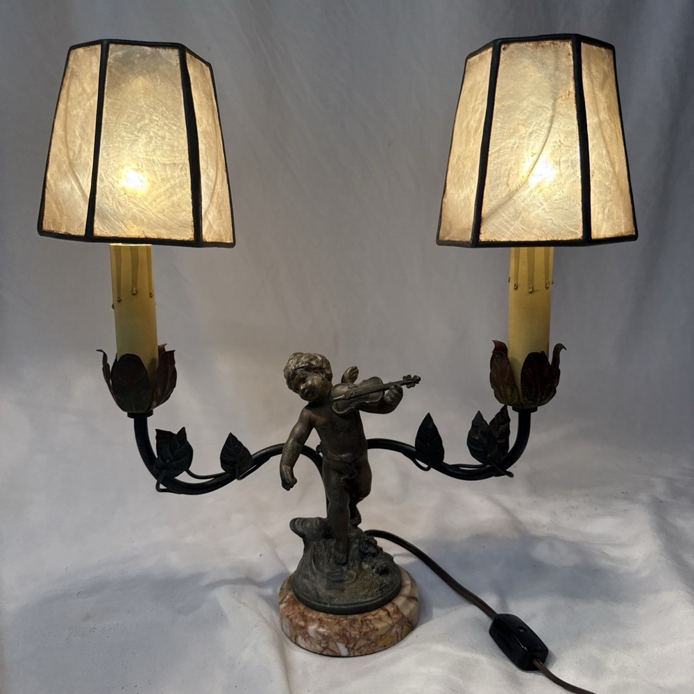 VTG Figural Cherub Double Arm Table Lamp Spelter Marble Base Art Nouveau Style